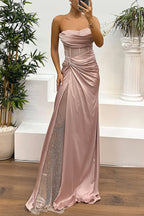 Strapless Rhinestone Mesh Corset Bodice Draped Satin Side Slit Maxi Gown