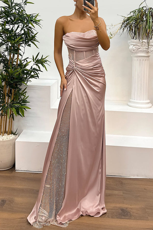 Strapless Rhinestone Mesh Corset Bodice Draped Satin Side Slit Maxi Gown