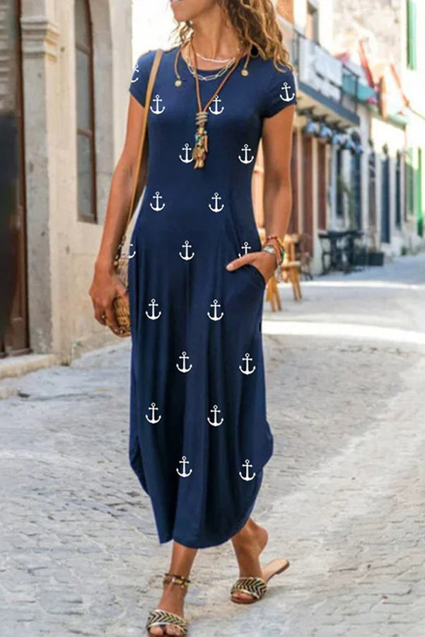 Ethnic Print Short Sleeve Pocket A-Line Maxi Dress