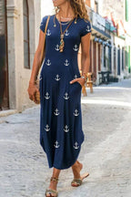 Ethnic Print Short Sleeve Pocket A-Line Maxi Dress
