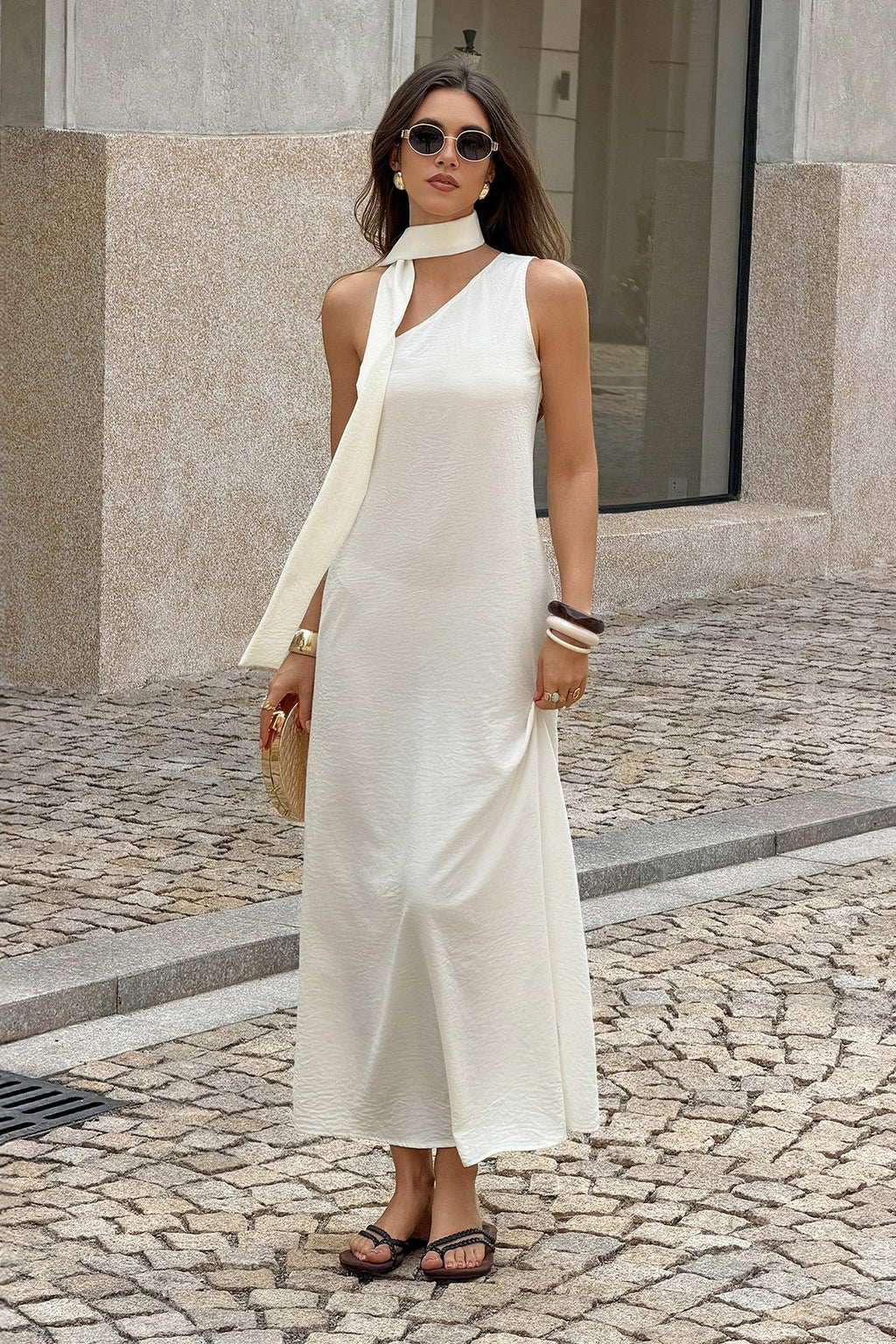 White One Shoulder Scarf Tie Sleeveless Maxi Dress