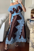 Fashionable Satin Lace Patchwork Asymmetrical Neckline and Fitted Waist Maxi Dress
