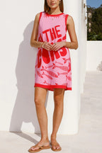 Summer-themed Printed Round Neck Sleeveless Pocket Loose Mini Dress