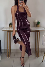 Disc Sequin Halter Backless Thigh Slit Bodycon Maxi Dress