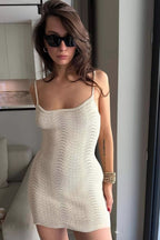 Crochet Knit Wavy Pattern Spaghetti Strap Scoop Neck Bodycon Mini Dress