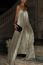 Pleated Metallic Notch Neck Strapless Flowy Maxi Dress