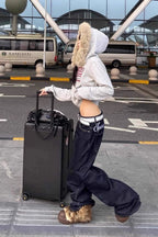 Y2K Flag Print Fur Paneled Casual Hoodie