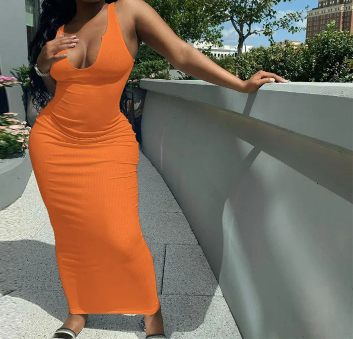 Ribbed Knit Deep Scoop Neck Tank Bodycon Maxi Dress