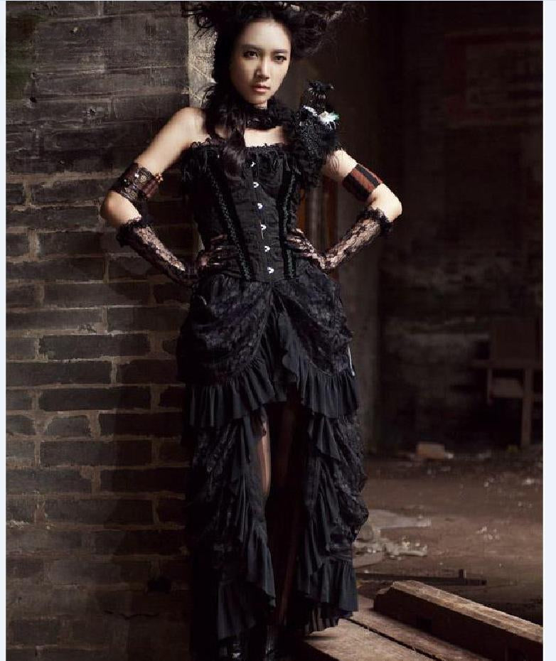 Gothic Lace Up Corset Bustle Tiered High Low Maxi Skirt