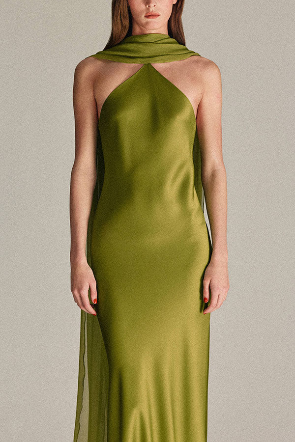 Elegant and Refined Satin Detachable Scarf-style Halter Maxi Dress