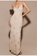Metallic Knit 3D Floral Appliqué Spaghetti Strap Maxi Dress