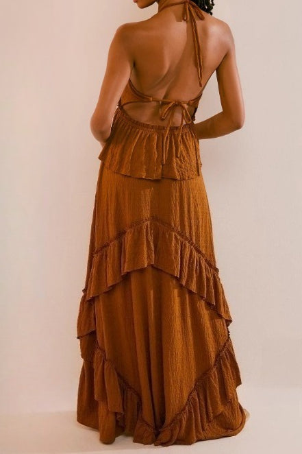 Halter Back Tie Tiered Ruffle Maxi Skirt Two Piece Set