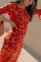 Floral Print Scoop Neck Bell Sleeve Bias Cut Maxi Dress