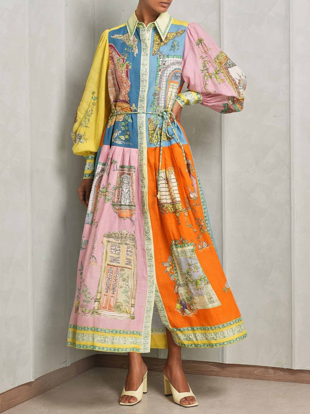 Collared Button Down Balloon Sleeve Architectural Scene Print Belted Maxi Dress