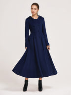 Woolen Flared Coat With Hood Dark Navy Double-breasted Elegant A-line Winter Long Outerwear For Women 2026