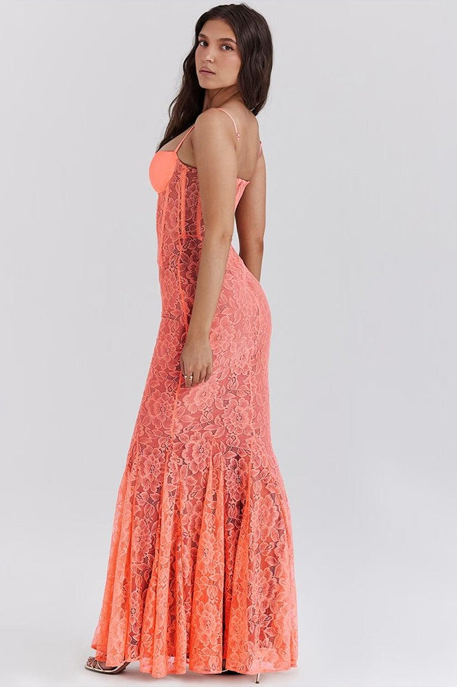 Lace Floral Corset Spaghetti Strap Mermaid Maxi Gown