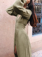 Boho V Neck Maxi Dress - Puff Sleeve Button Front High Slit Long Dress - Spring Beach Vacation 2026