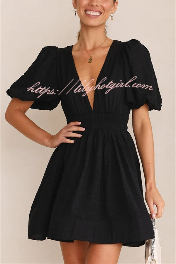Deep V-Neck Puff Sleeve Smocked Waist Fit and Flare Mini Dress