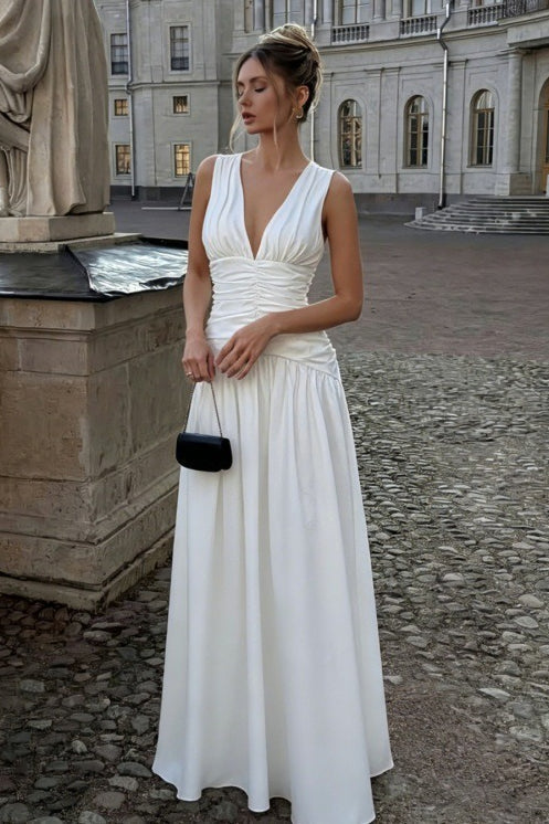 Deep V Neck Gathered Ruched A Line Maxi Dress
