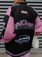 Retro Print Contrast Color Moto Jacket