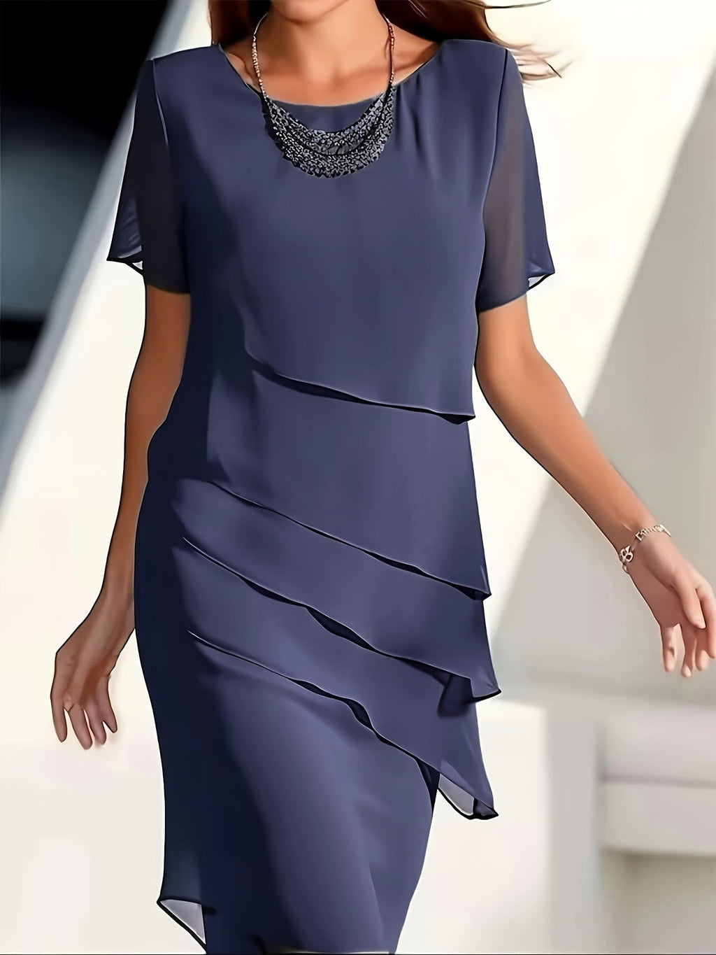 Amadis Minimalist Cotton Layered Trim Round Neck Short Sleeve Evening Dress for Women Premium Wardrobe Essential