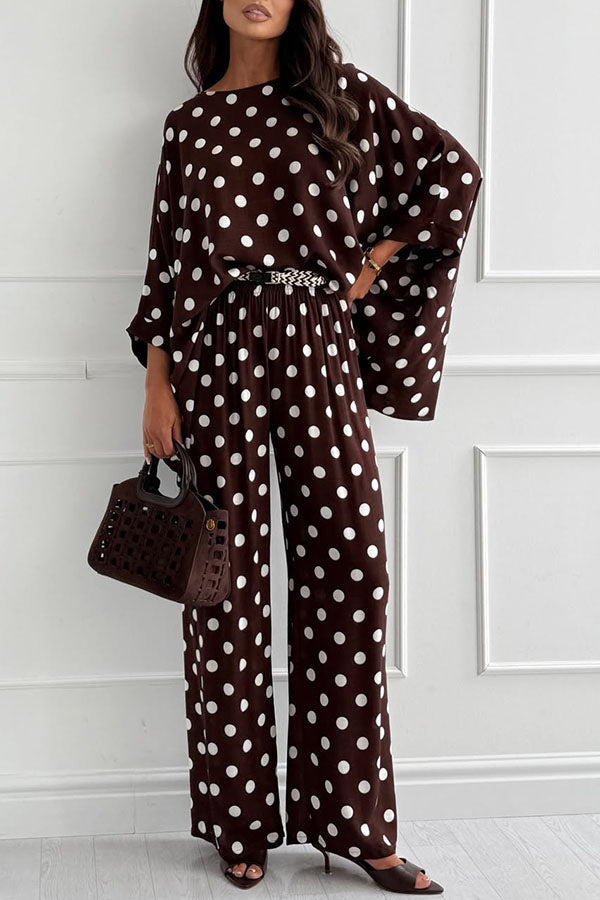 Verne Linen Blend Polka Dot Batwing Sleeve Top and Elastic Waist Pocket Loose Pants Set
