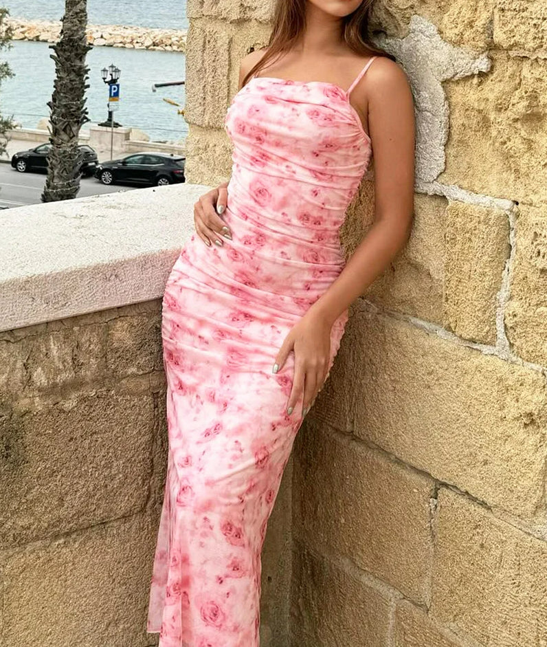 Ruched Floral Print Square Neck Spaghetti Strap Bodycon Midi Dress