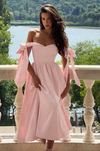 Off Shoulder Tie Shoulder Bow Sweetheart Corset Bodice A Line Midi Dress