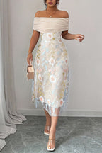 Elegant Ruched Off-Shoulder Floral Appliqué Midi Dress