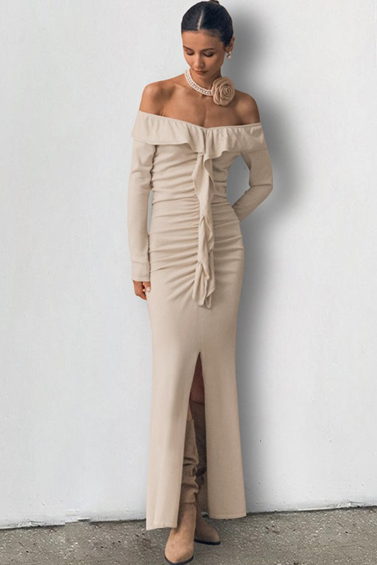 Off Shoulder Sweetheart Ruffle Flounce Long Sleeve Ruched Front Slit Midi Dress