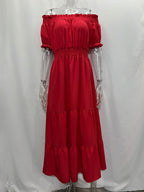 Off Shoulder Smocked Maxi Dress For Women - Boho Tiered A-Line Beach Gown with Puffy Sleeves - Summer Vacation 2026