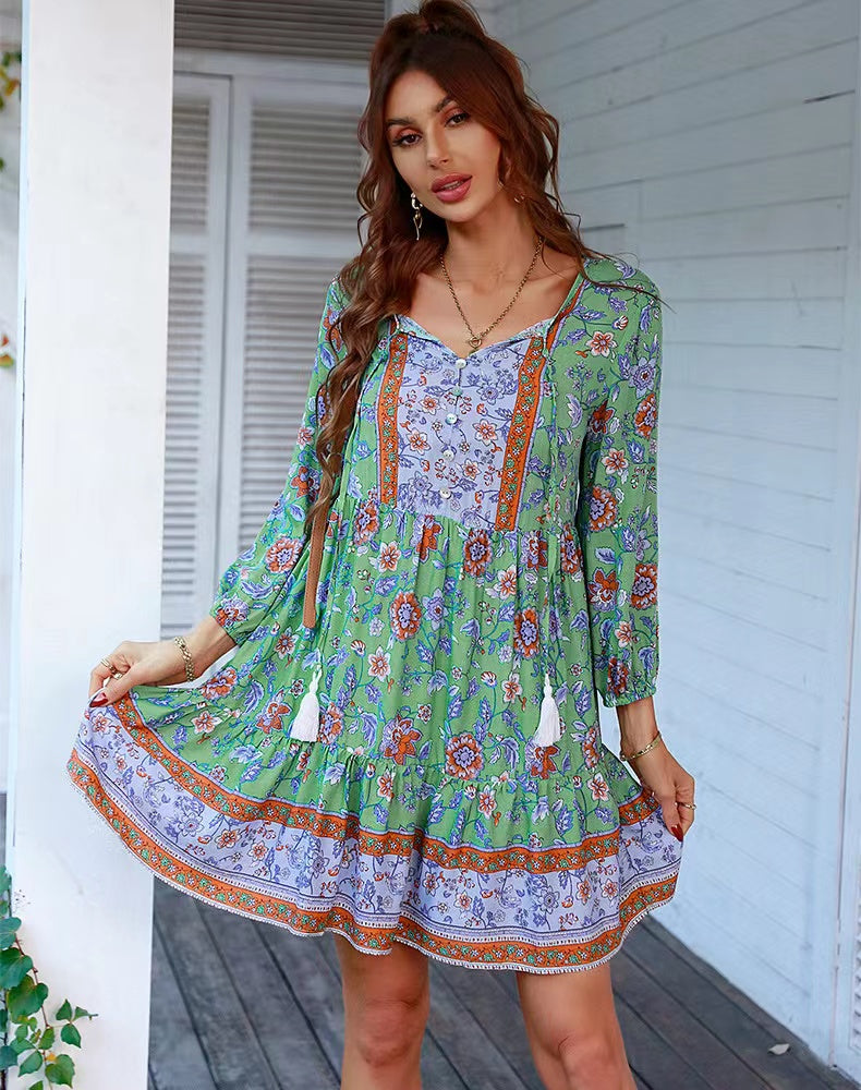 Deep V-Neck Floral Border Print Bishop Sleeve Button Front Babydoll Mini Dress