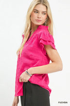 Umgee Textured Flutter Sleeve Split Neck Top