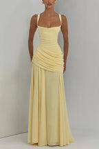 Stylish Spaghetti Strap Square Neck Slim-fit Elegant Pleated Maxi Dress