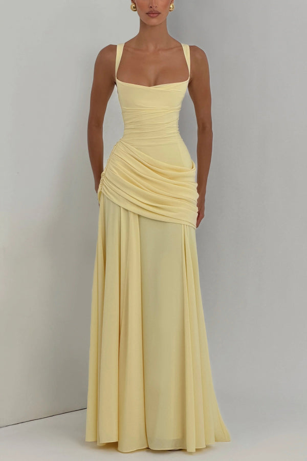 Stylish Spaghetti Strap Square Neck Slim-fit Elegant Pleated Maxi Dress