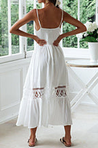 White Deep V Neck Crochet Lace Insert Button Front Ruffle Hem Midi Dress