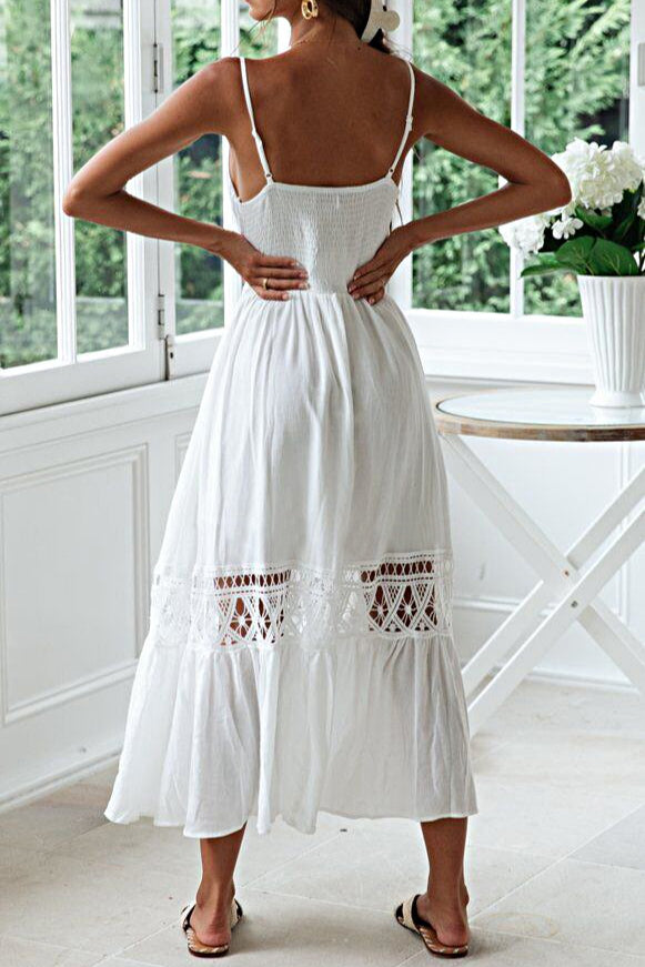 White Deep V Neck Crochet Lace Insert Button Front Ruffle Hem Midi Dress