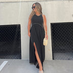 Crew Neck Tiered Seam Double Front Slit Sleeveless Maxi Dress