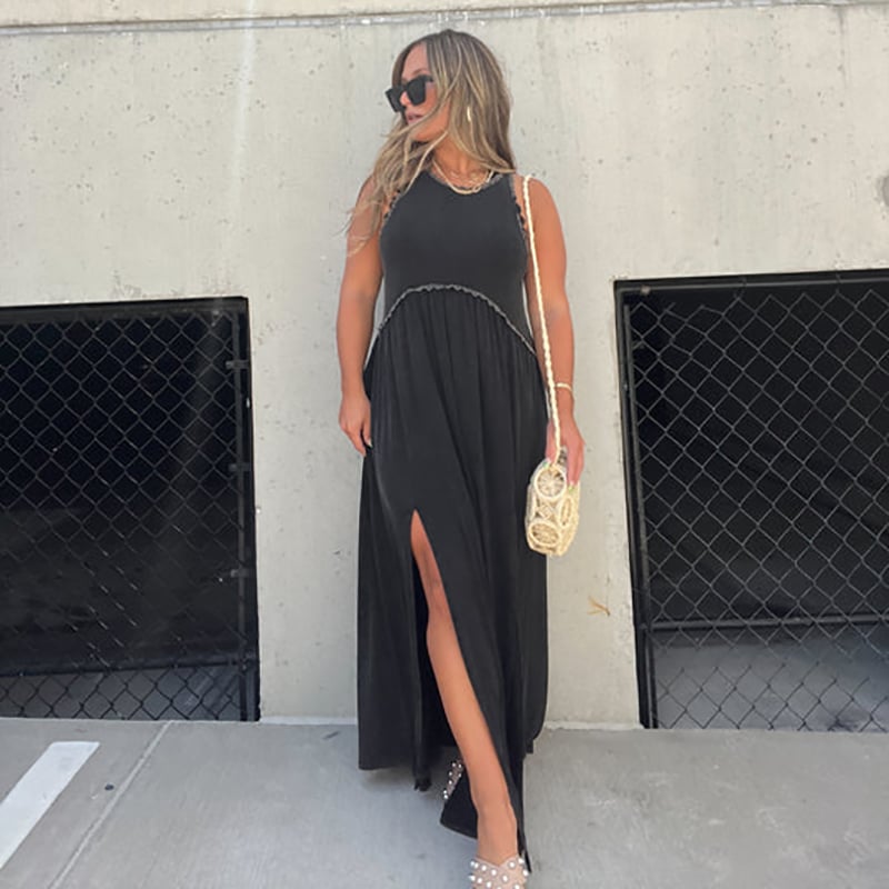 Crew Neck Tiered Seam Double Front Slit Sleeveless Maxi Dress