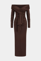 Ruched Off Shoulder Drape Detail Maxi Dress