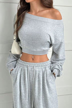 Solid Color Loose Long-sleeved Short Top and Elastic Waist Casual Pocket Wide-leg Pants Set