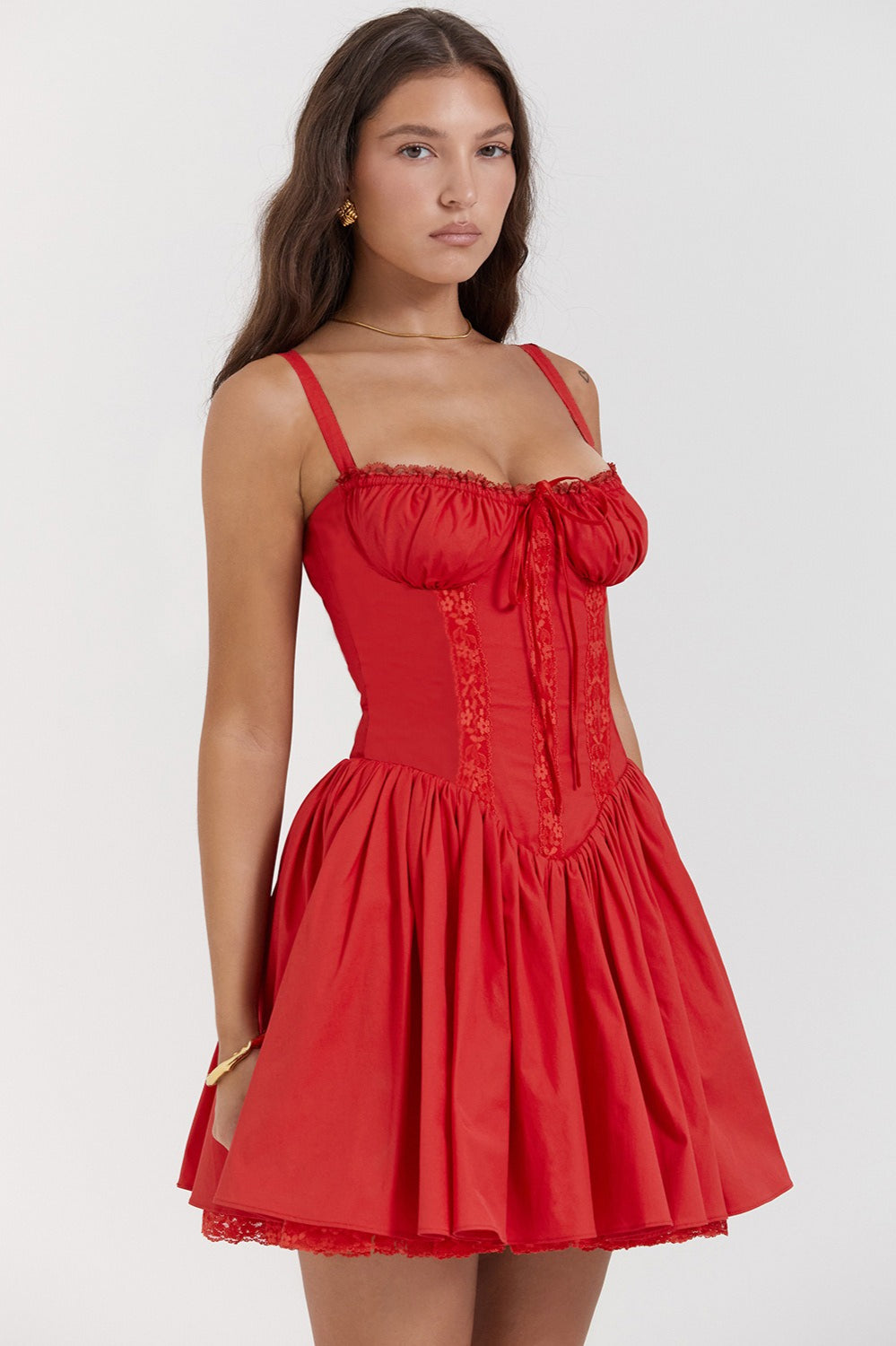 Ditsy Floral Square Neck Lace Trim Bustier Tiered Ruffle Hem Mini Dress