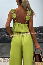 Solid Color Embroidered Flower Suspenders Casual Loose Jumpsuit