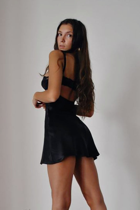 Satin Lace Trim Bustier Spaghetti Strap Mini Slip Dress