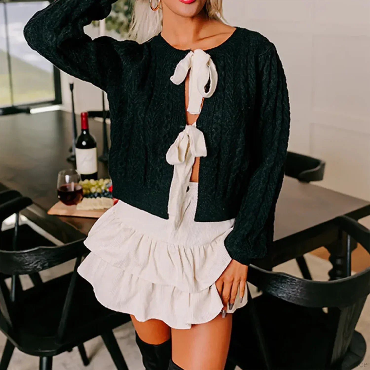 Cable Knit Split Front Bow Cardigan