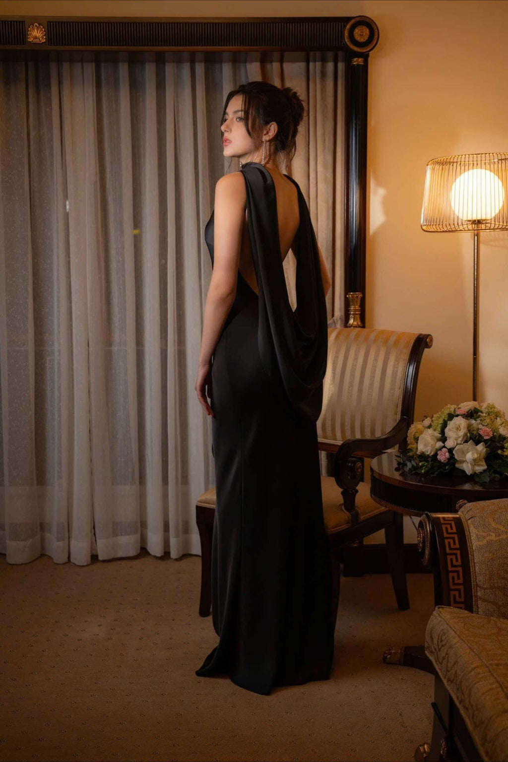Elegant Solid Color Satin Draped Back Long Prom Dress