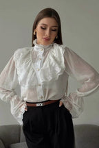 Chiffon Ruffle High Neck Long Sleeve Top
