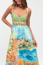 Unique Printed Spaghetti Strap Pleated Casual Maxi Dress
