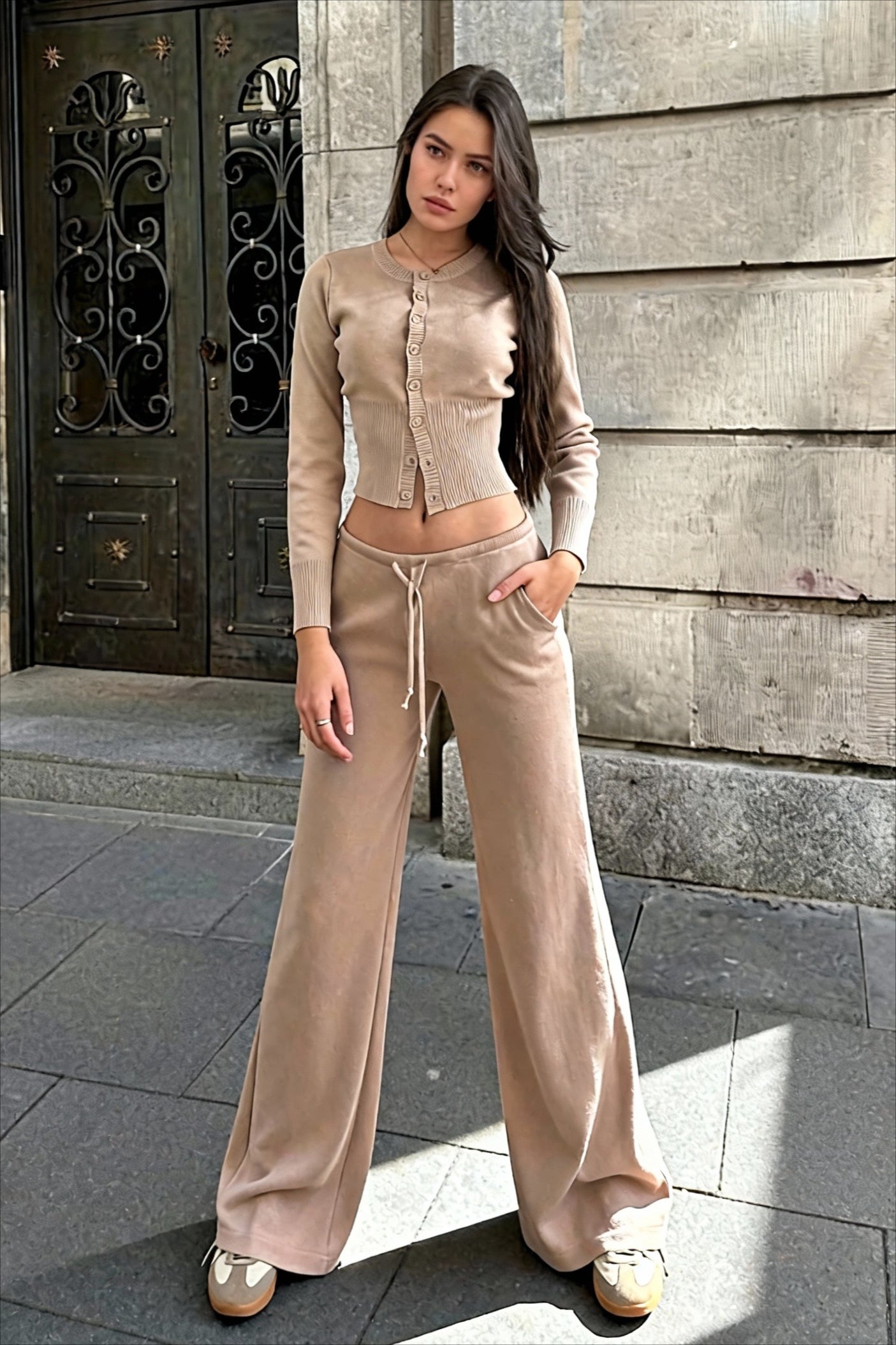 Sexy Fitted Buttoned Long-Sleeve Low-Rise Knit Two Piece Set