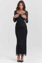 Mesh Ruched Corset Sweetheart Lace Trim Long Sleeve Bodycon Maxi Dress